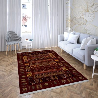فرش ماشینی هیوا طرح خزان 3-430 زمینه لاکی ۷۰۰ شانه
