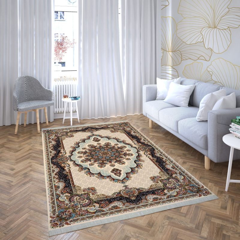 فرش ماشینی هیوا طرح کلاسیک C-101 کرم ۷۰۰ شانه