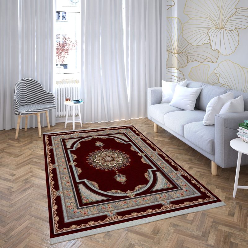 فرش ماشینی هیوا طرح کلاسیک R-129 لاکی ۷۰۰ شانه