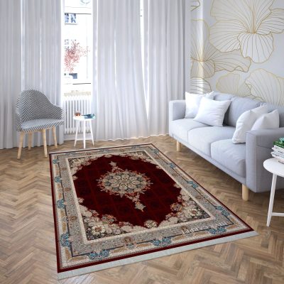 فرش ماشینی هیوا طرح کلاسیک R-132 لاکی ۷۰۰ شانه