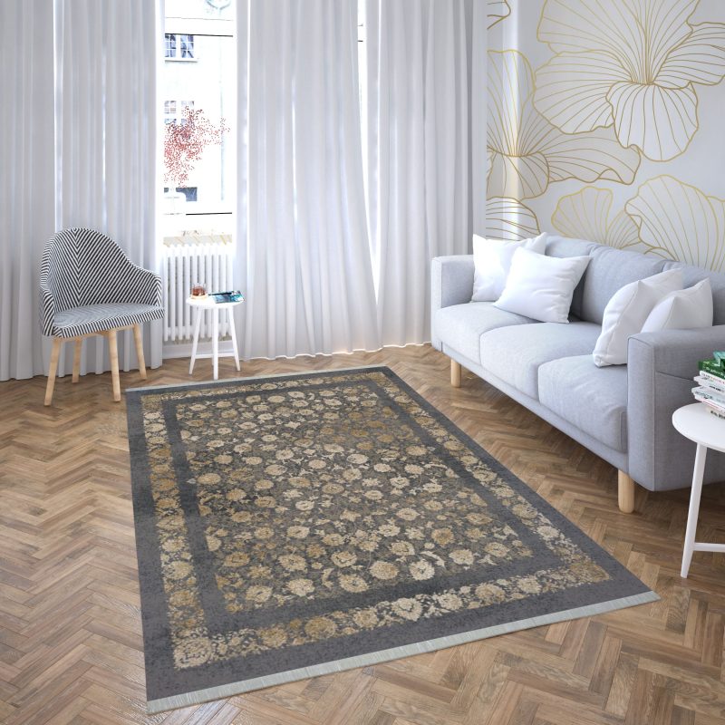 فرش ماشینی هیوا طرح طلاکوب S-2008 نقره ای 700 شانه