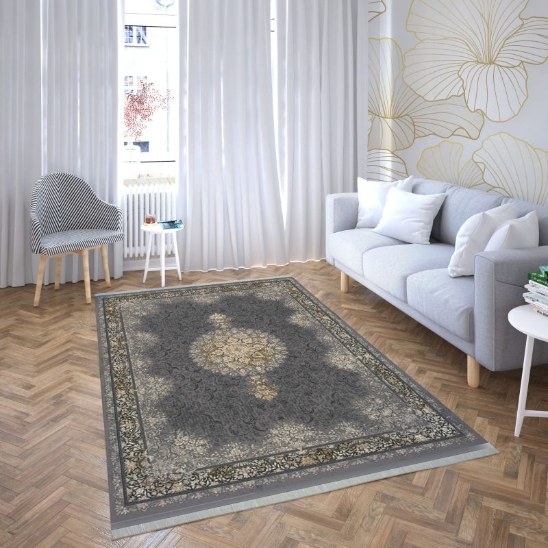 فرش ماشینی هیوا طرح طلاکوب S-2009 نقره ای 700 شانه