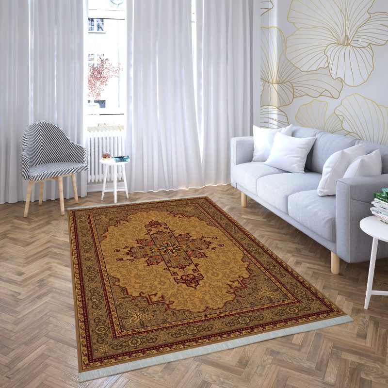 فرش ماشینی هیوا طرح خزان 2-408 کرم ۷۰۰ شانه